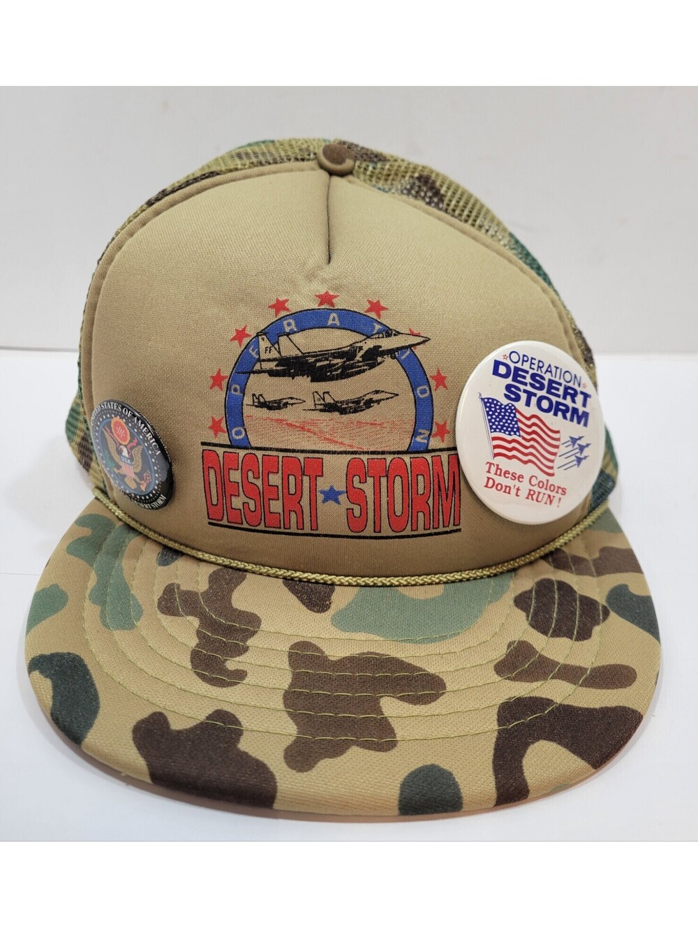 Vintage Operation Desert Storm Cap Hat Camo Mesh Snapback w/Two Pins